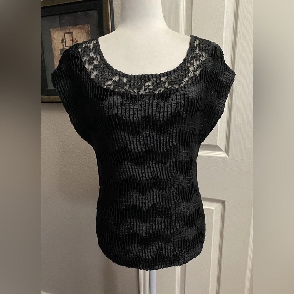 Dressbarn Vintage Y2K Crinkle Top, Size M, Short Sleeve Gray and Black